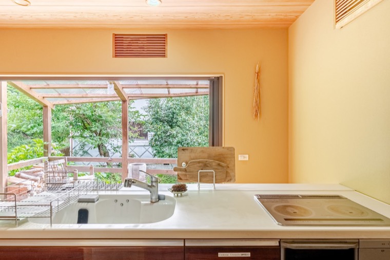 The sink, with the deck through the window